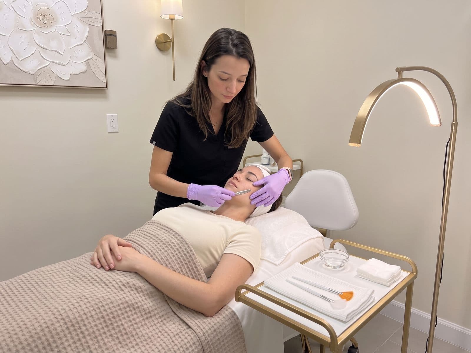 A gloved aesthetician holding a small sterile dermaplaning blade at a shallow angle against a relaxed woman's cheek on a facial bed, seen from a wider angle