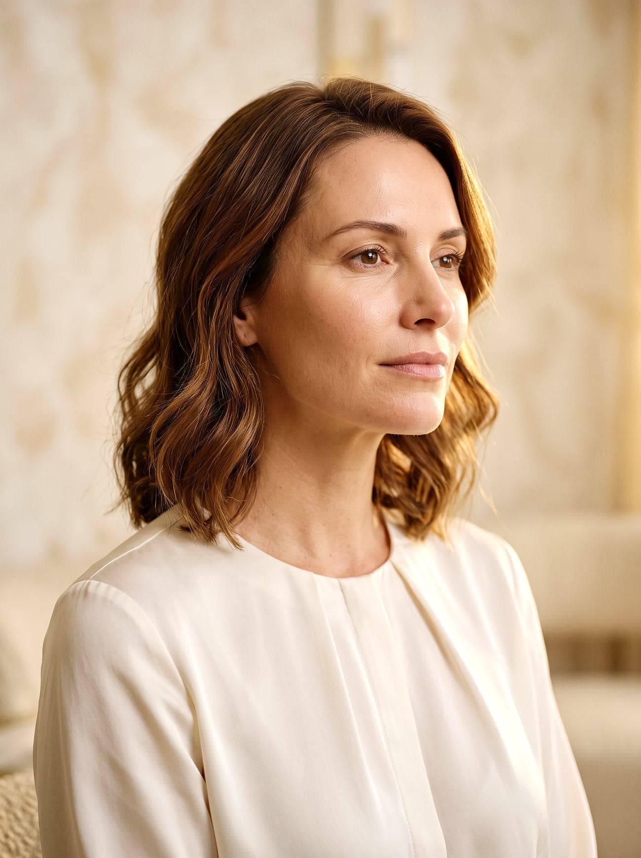 Portrait of a woman with a refined jawline and naturally smooth skin in warm golden light