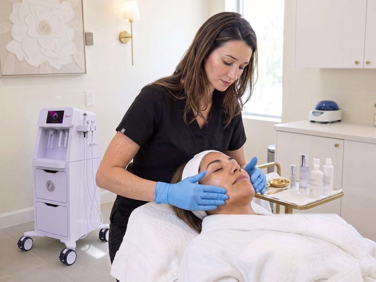 A nurse applying hydrating serum with gloved fingertips during a GLACÉ glass skin facial