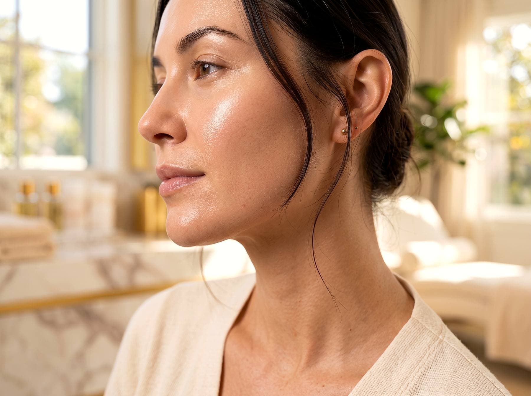 Profile of a woman with a dewy, luminous glass-skin finish after the GLACÉ facial at The Body Bar MD