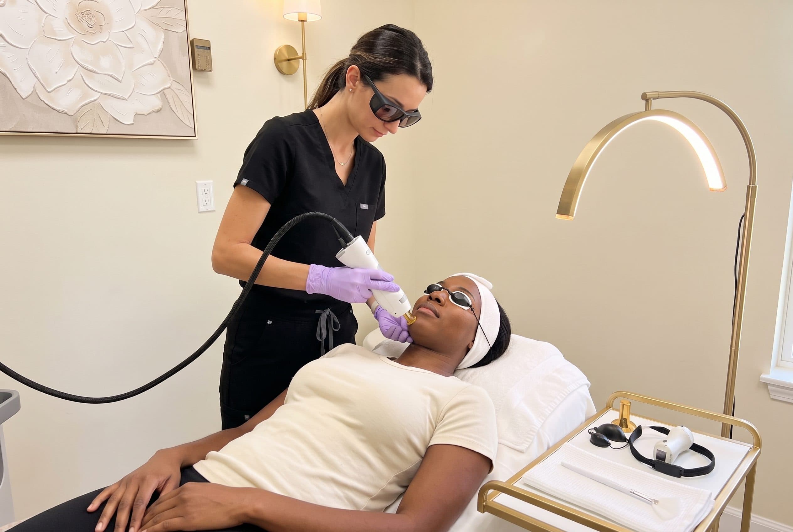 A nurse in laser safety glasses treating the jawline of a woman with deep brown skin using the Candela laser at The Body Bar MD