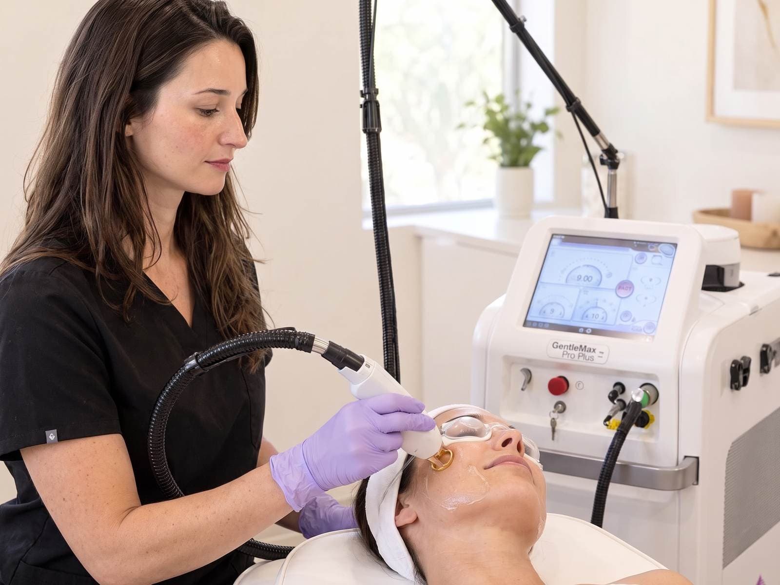 A nurse treating a patient's cheek with a Candela GentleMax Pro Plus handpiece