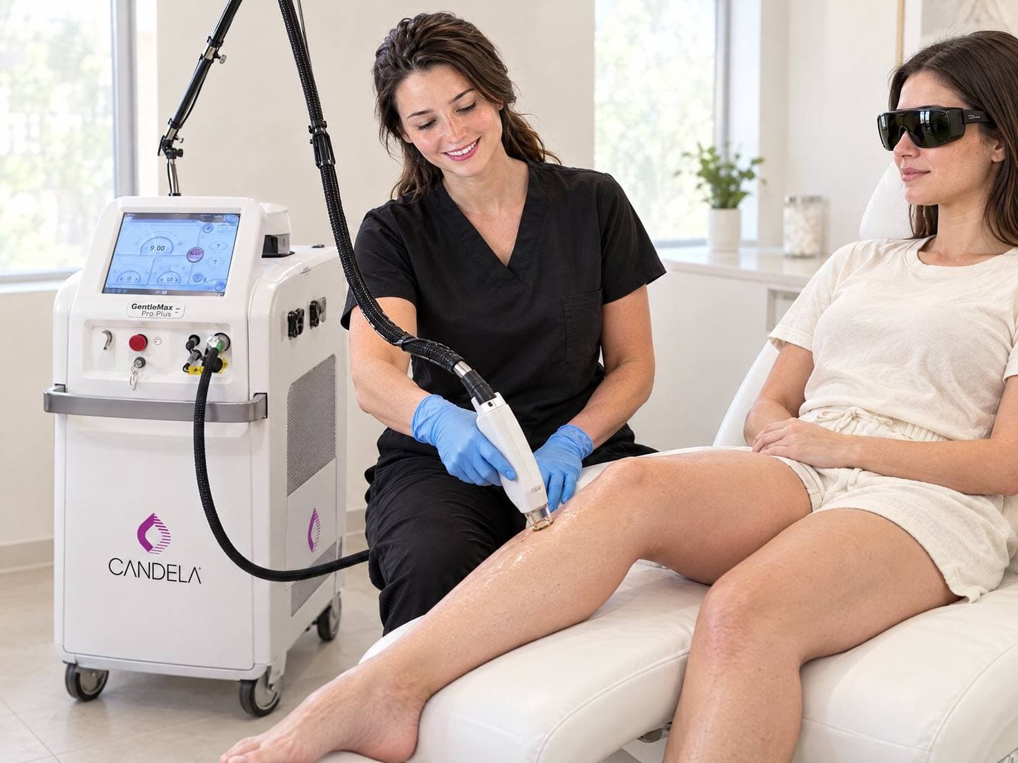 A nurse performing laser hair removal on a patient's leg with a Candela GentleMax Pro Plus