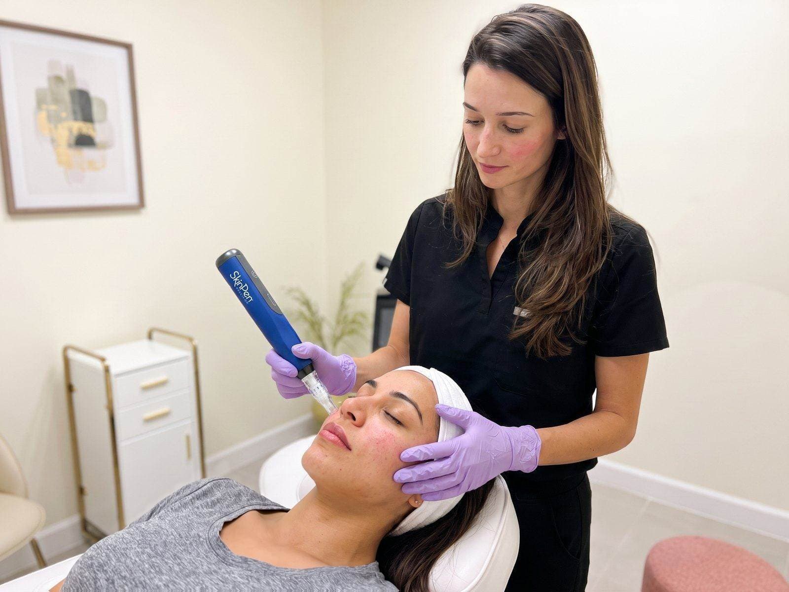 A nurse performing SkinPen microneedling on a woman reclined in a treatment chair