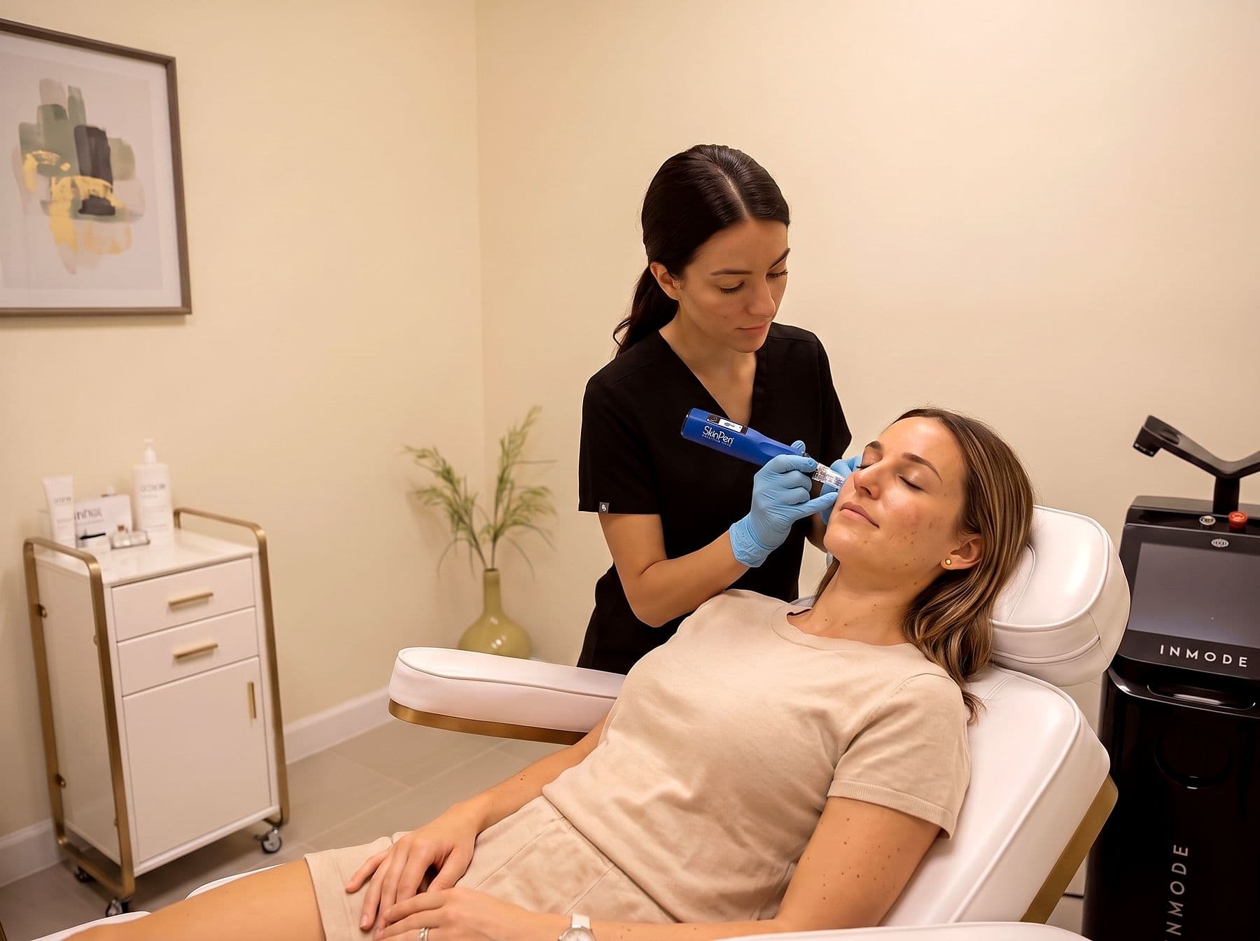 Sterile microneedling pen gliding over a patient's cheek during collagen induction therapy at The Body Bar MD