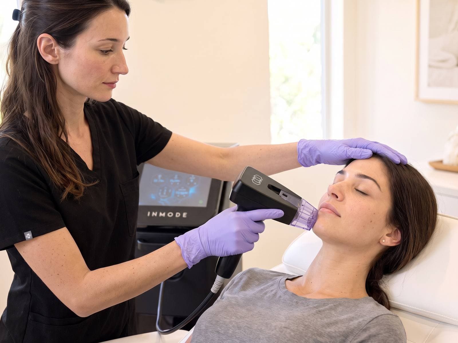 A nurse gliding the InMode Morpheus8 handpiece along a jawline during RF microneedling