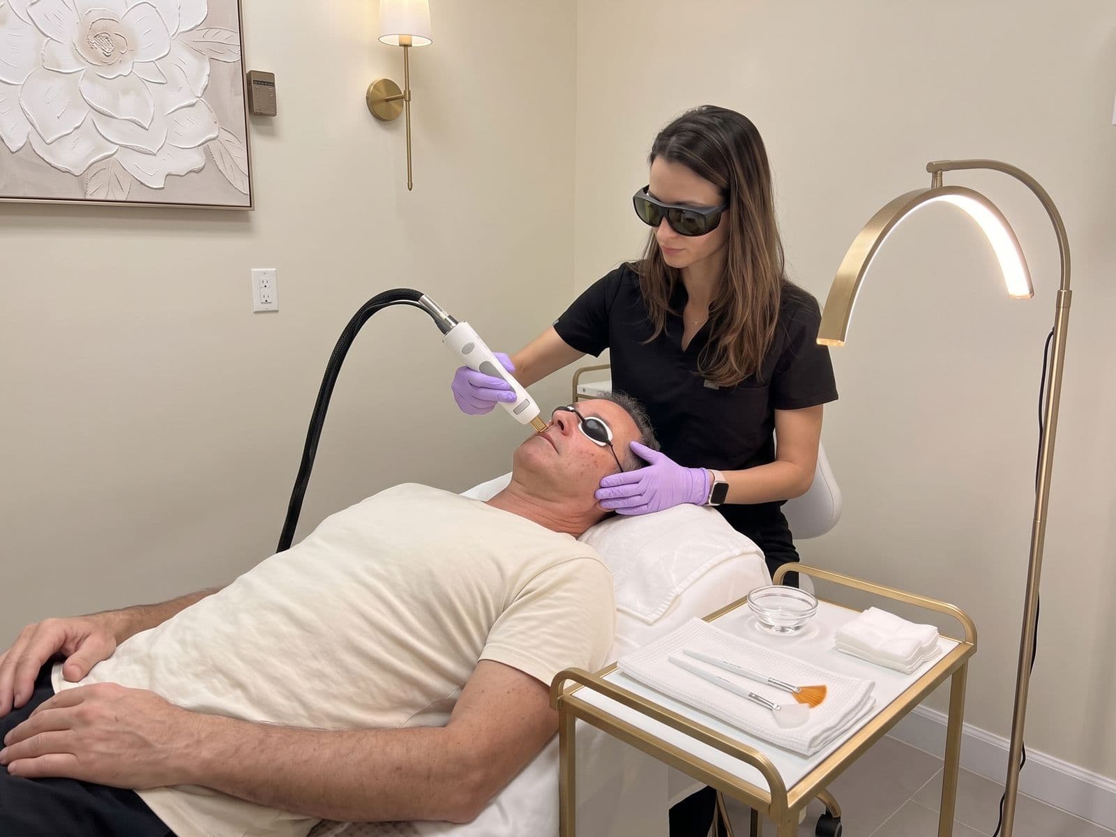 A nurse in eye protection treating fine veins beside a patient's nose with a Candela laser handpiece, the patient also wearing eye protection