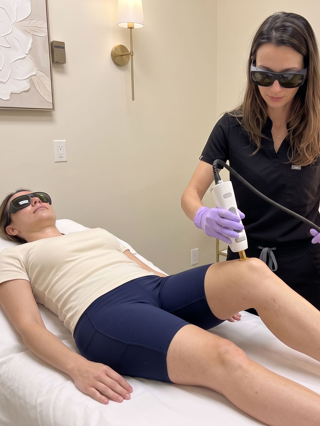 Nurse in black scrubs and laser safety glasses holding a Candela laser handpiece just above a woman's lower leg; she wears shorts and lies on a treatment bed
