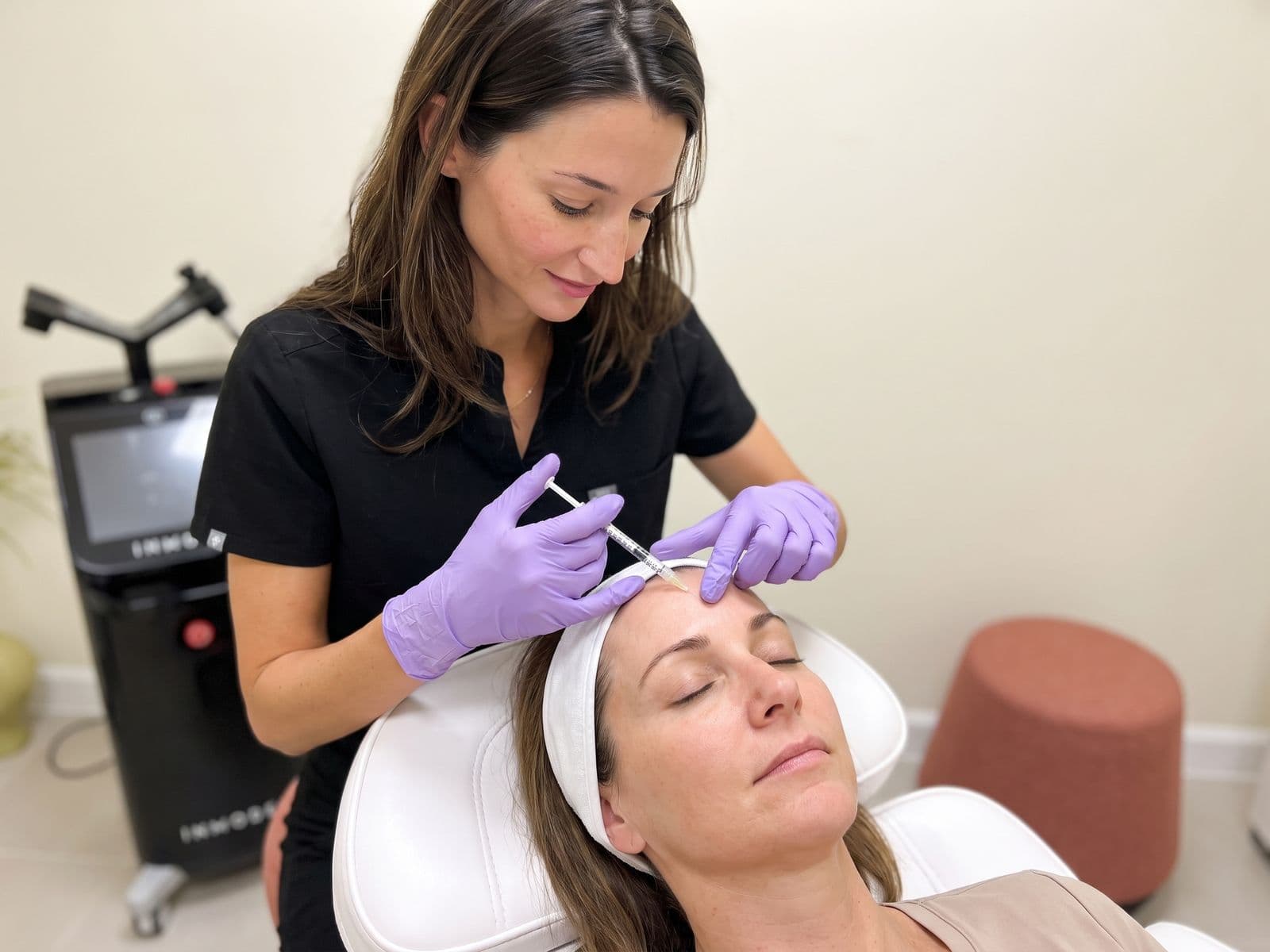 A nurse administering a small Botox injection at a relaxed woman's forehead in the treatment room