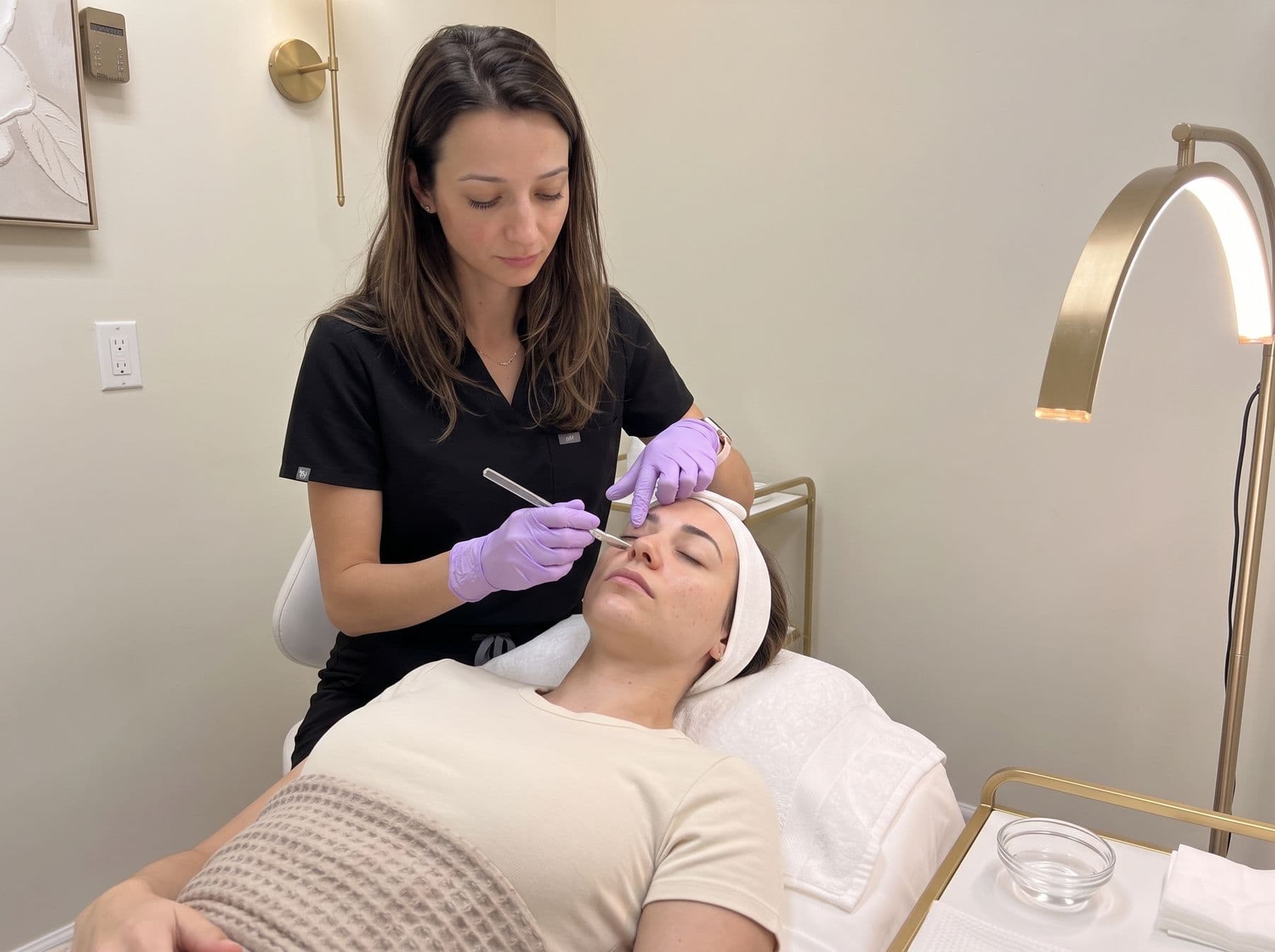 Gloved aesthetician holding a small sterile dermaplaning blade at a shallow angle against a relaxed woman's cheek on a facial bed at The Body Bar MD