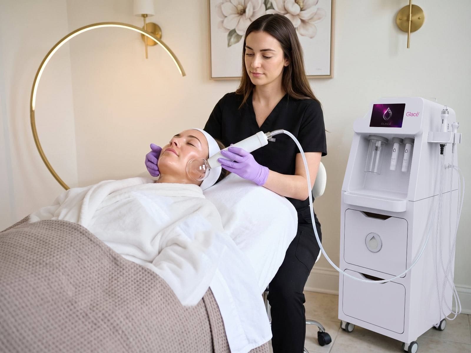 A nurse glides a hydrating wand with a clear cup head along a cheek during a glass skin facial