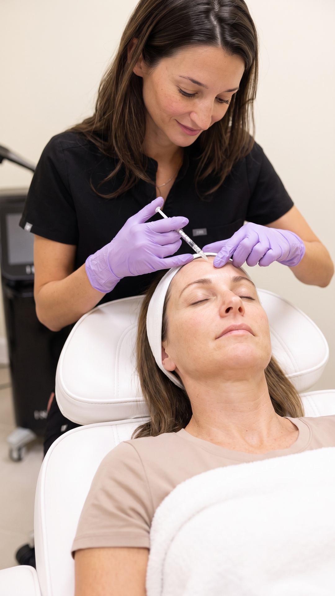 Nurse giving a Botox injection to a woman's forehead