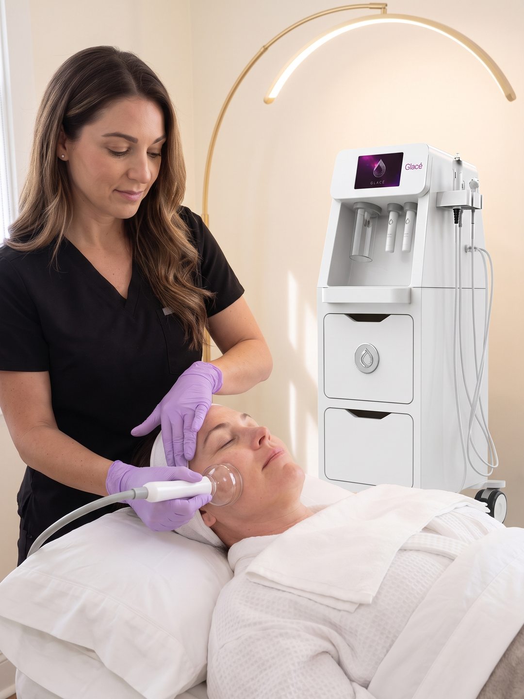 Nurse gliding a clear glass cup wand along a woman's cheek beside the GLACÉ facial machine