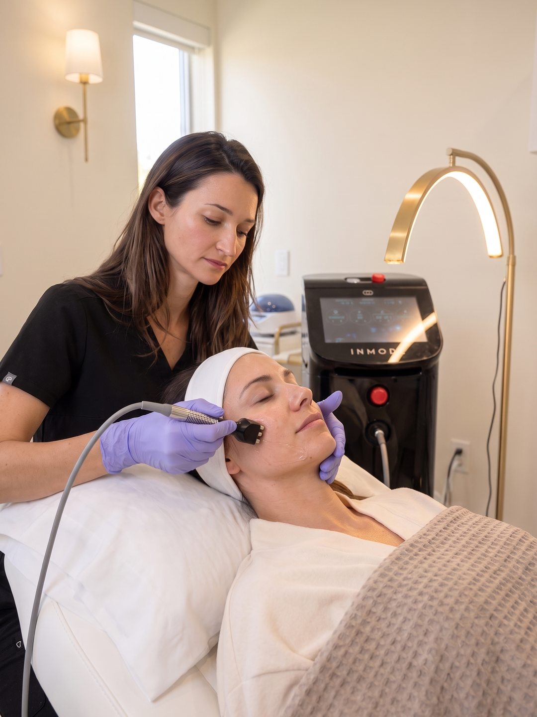 Nurse gliding a Forma radiofrequency handpiece along a woman's cheek during a Hollywood Facial