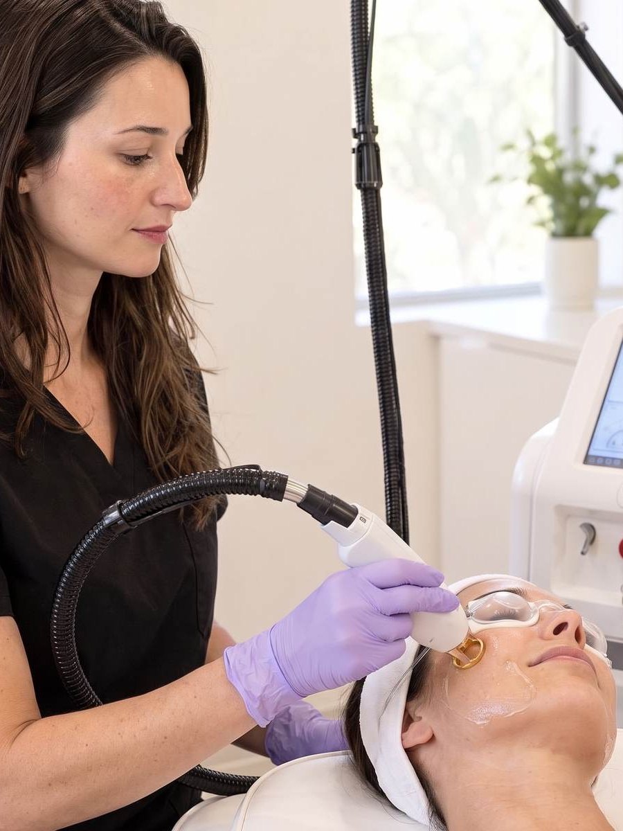 Nurse treating a woman's cheek with a Candela laser handpiece