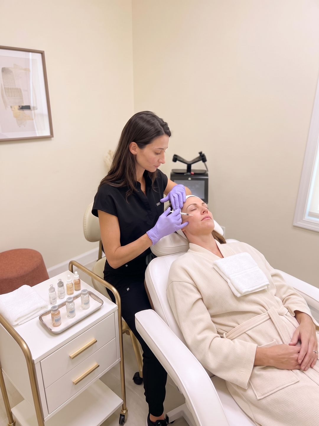 Nurse giving tiny mesotherapy micro-injections to a relaxed woman's cheek in a treatment chair