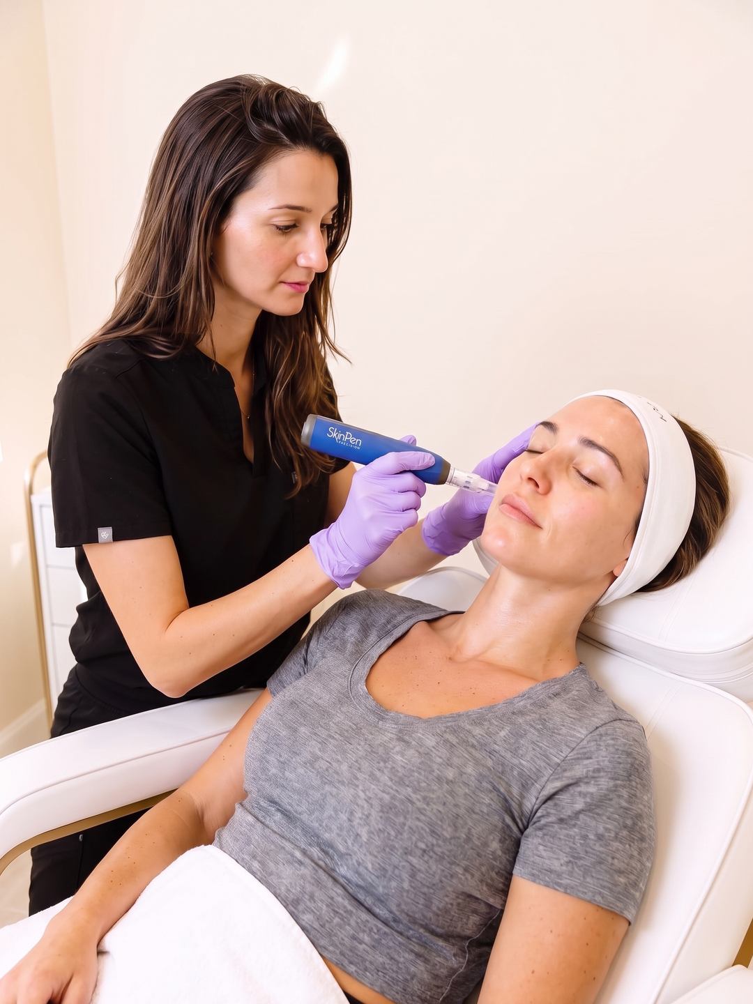 Nurse gliding a SkinPen along a woman's cheekbone
