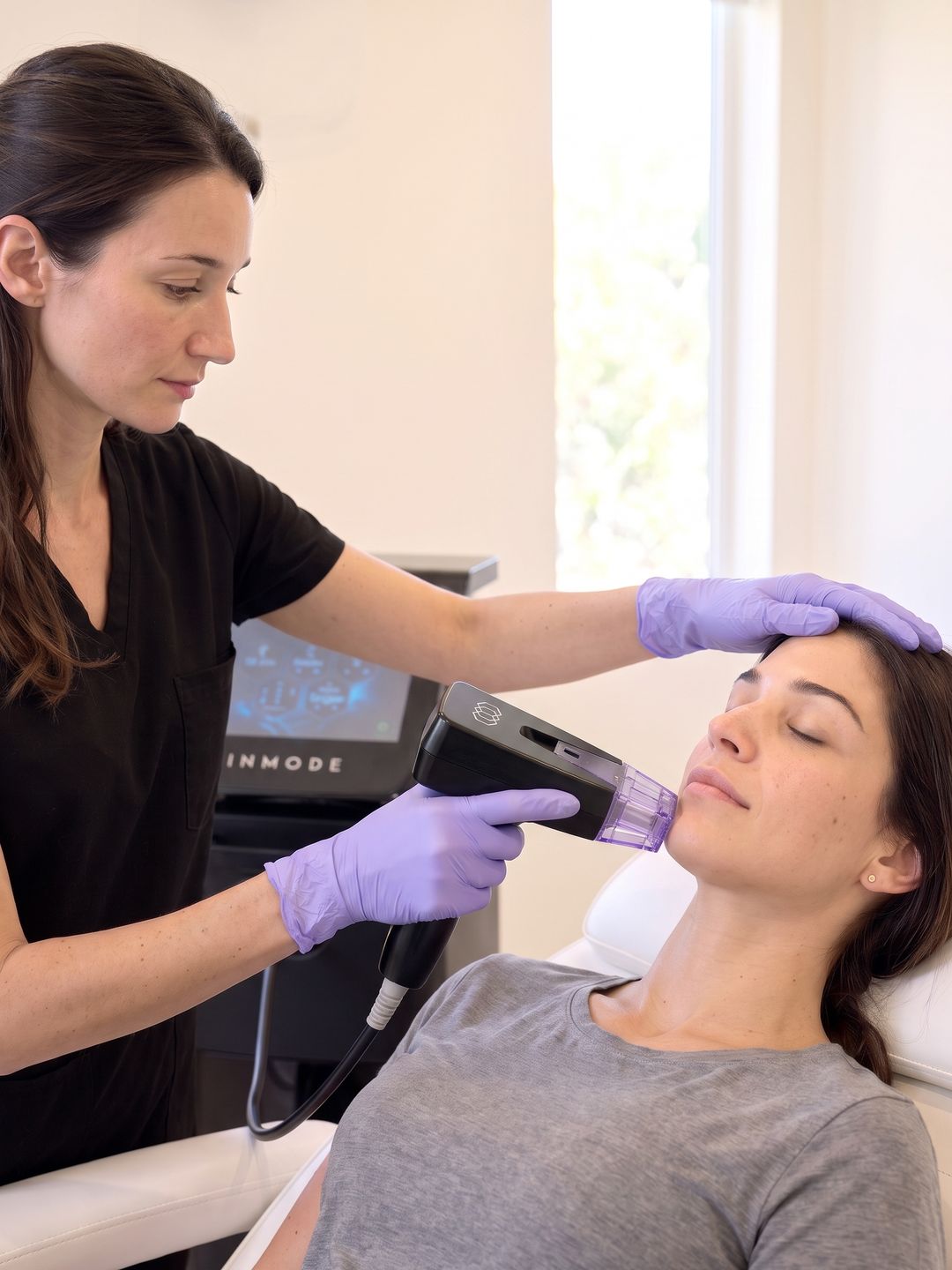 Nurse holding the Morpheus8 handpiece, its tip resting on a woman's jawline
