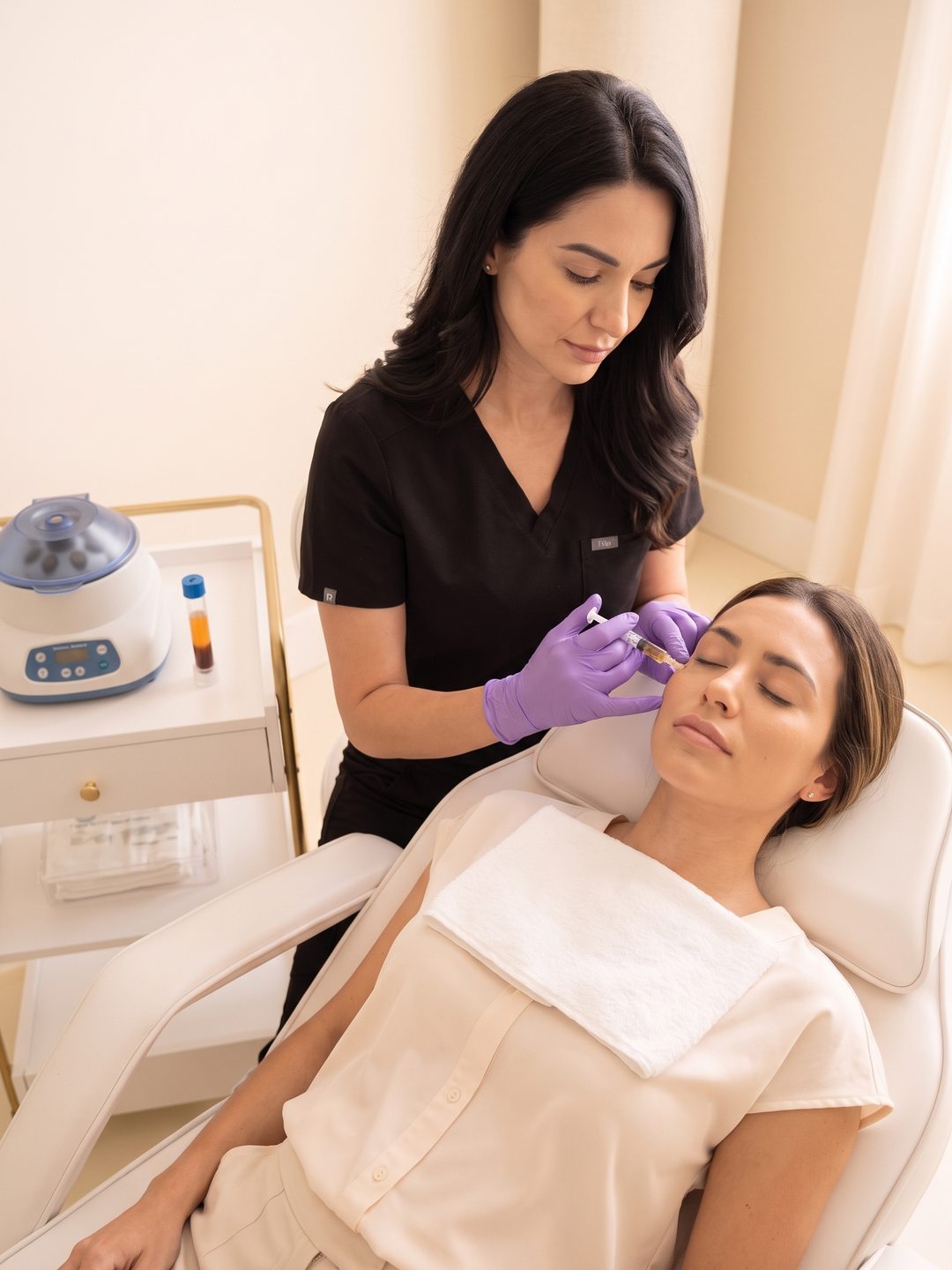 Nurse applying PRP with a fine syringe near a woman's eye