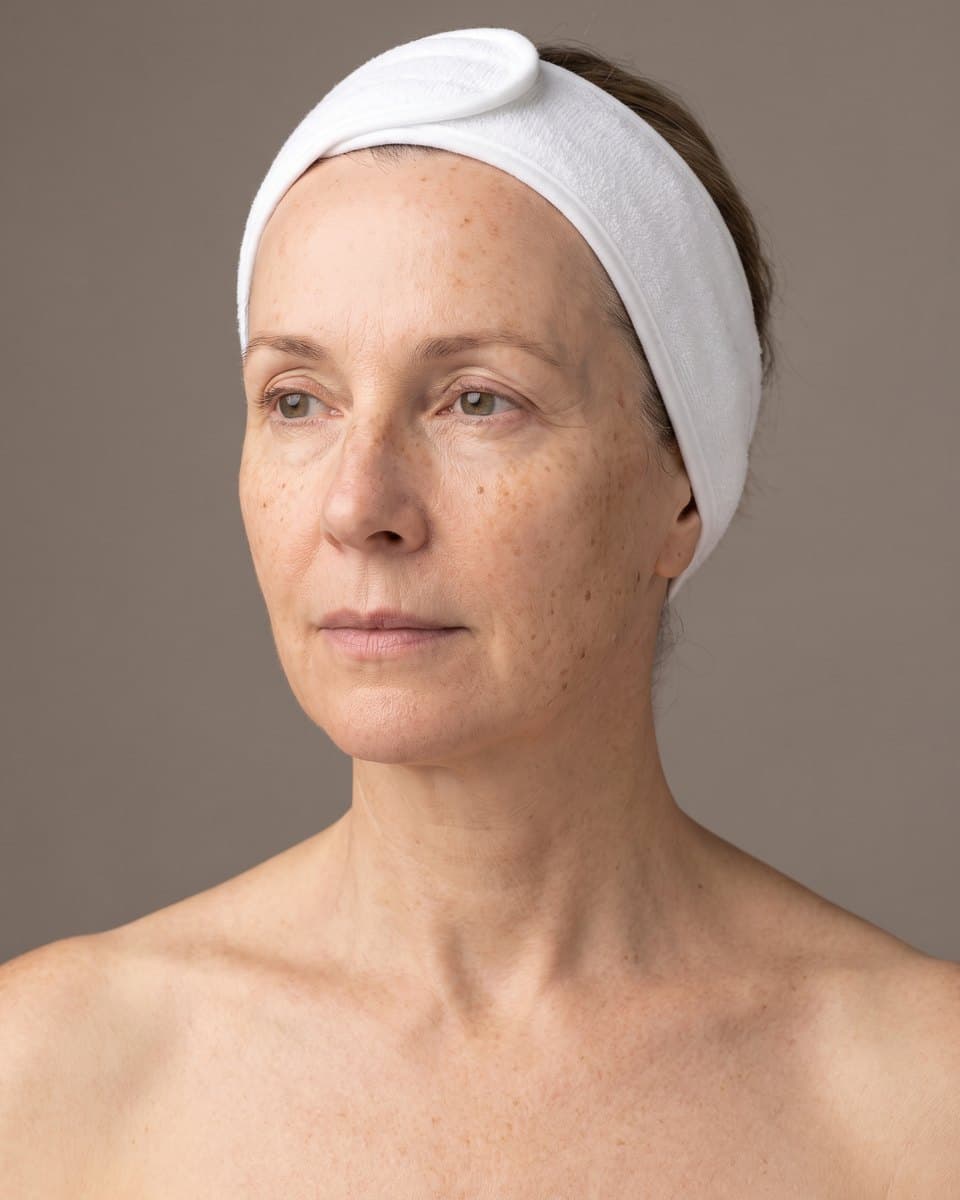 Illustrative example, before: Faded sun spots and a clearer, more even tone after a laser series, illustrative