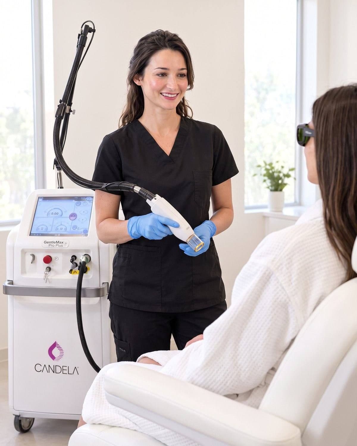 An aesthetics nurse holding the handpiece of a Candela GentleMax Pro Plus laser beside a patient