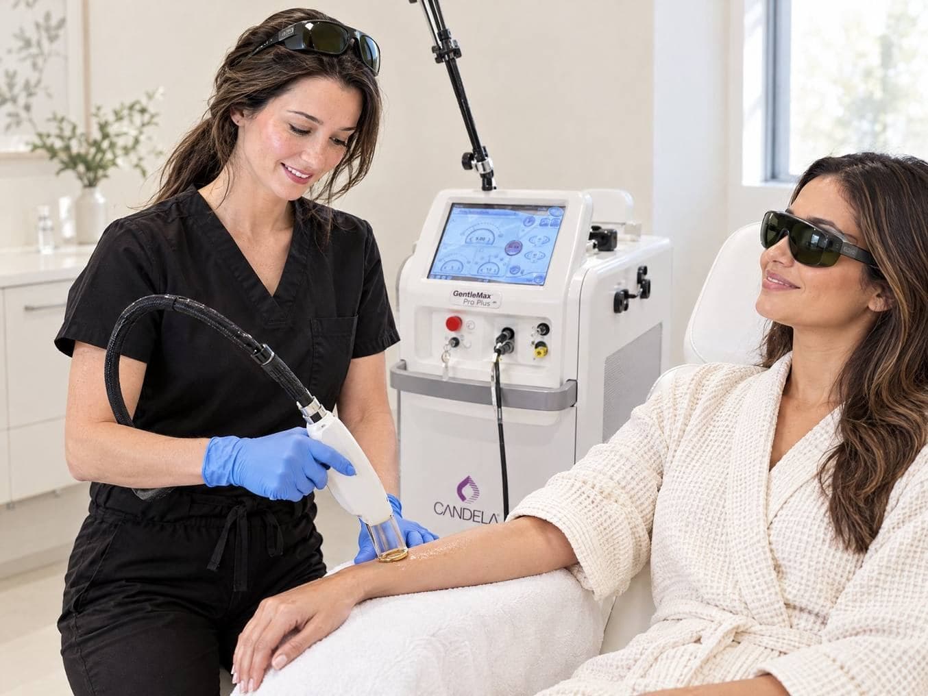 An aesthetics nurse treating a patient's forearm with the Candela GentleMax Pro Plus handpiece