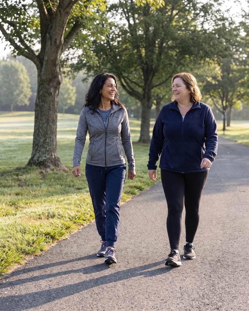Two women laughing while walking briskly together outdoors in the morning