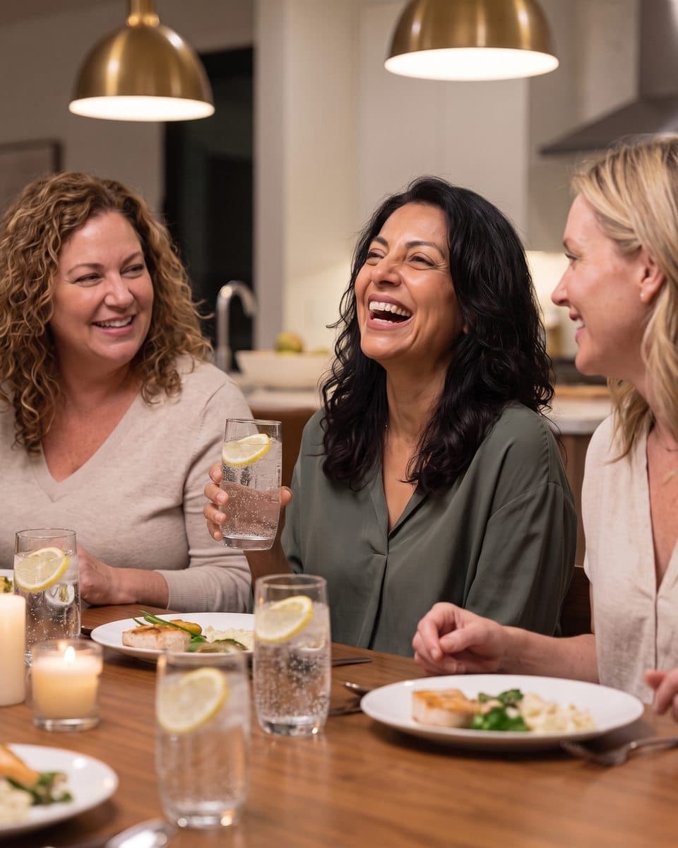 A woman laughing with friends over dinner