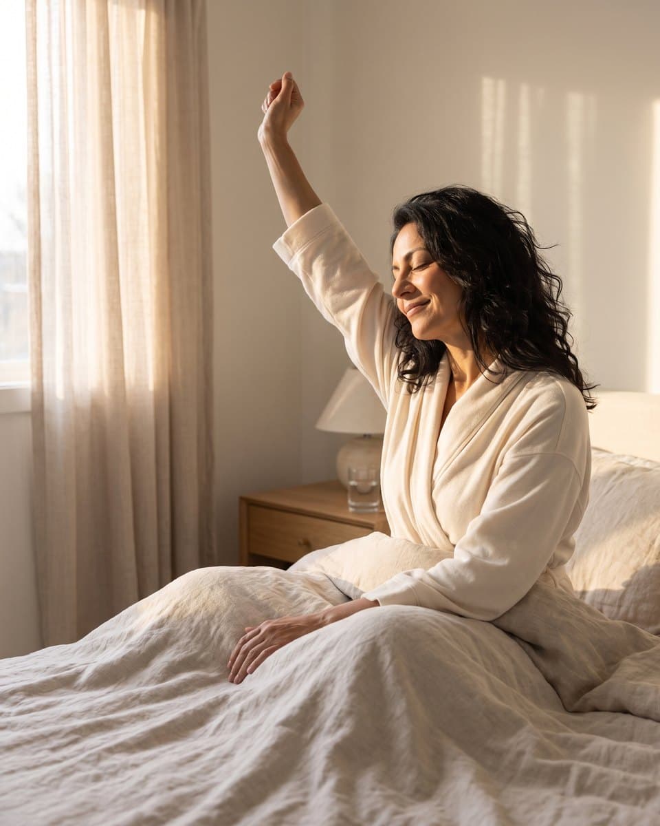 A woman stretching and smiling as she wakes up rested in soft morning light