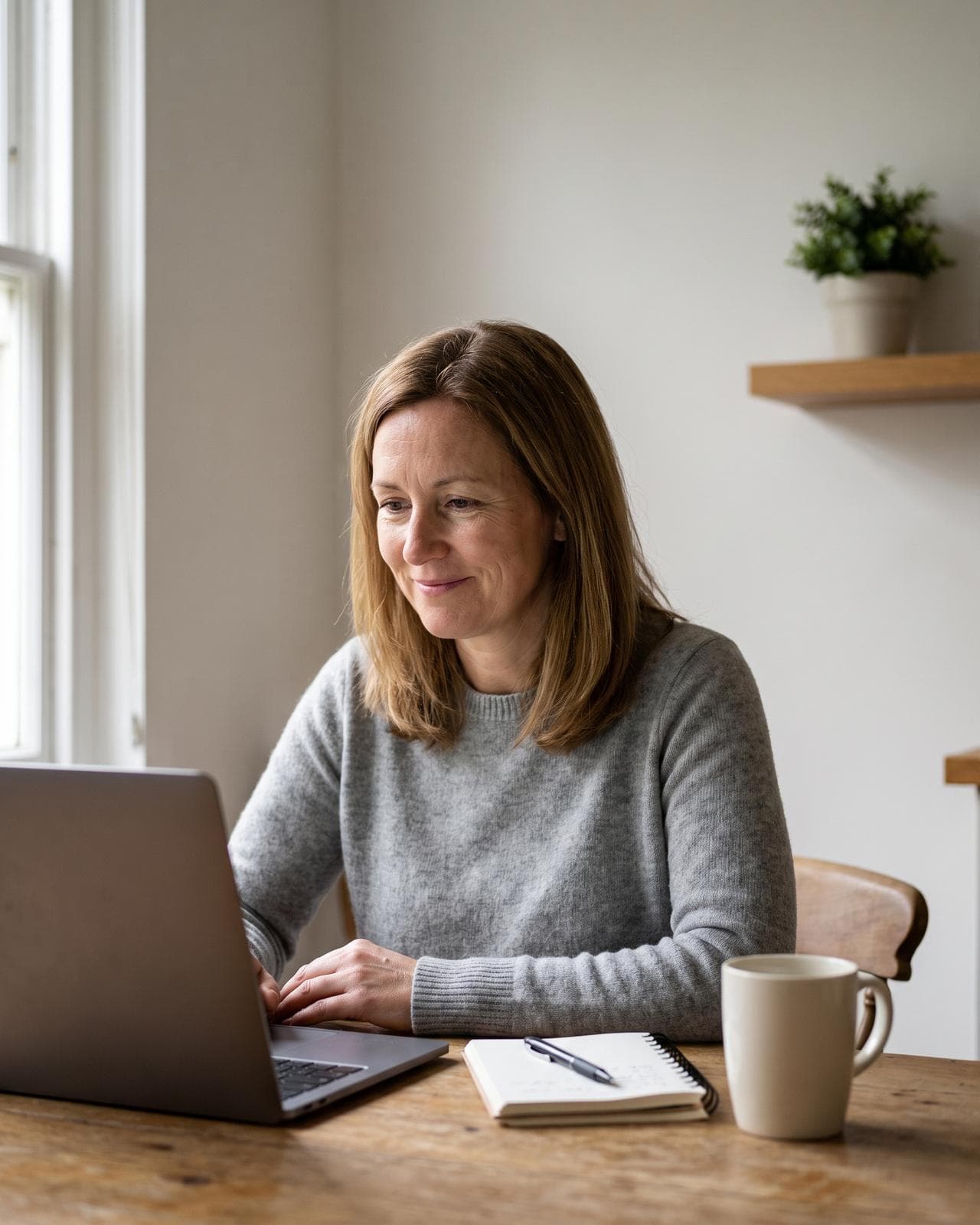A woman at home on a laptop video call during a morning menopause consultation