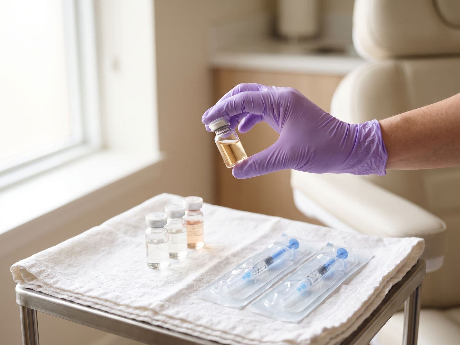 Small glass vials of a customized mesotherapy blend and sterile fine-gauge syringes on a tray