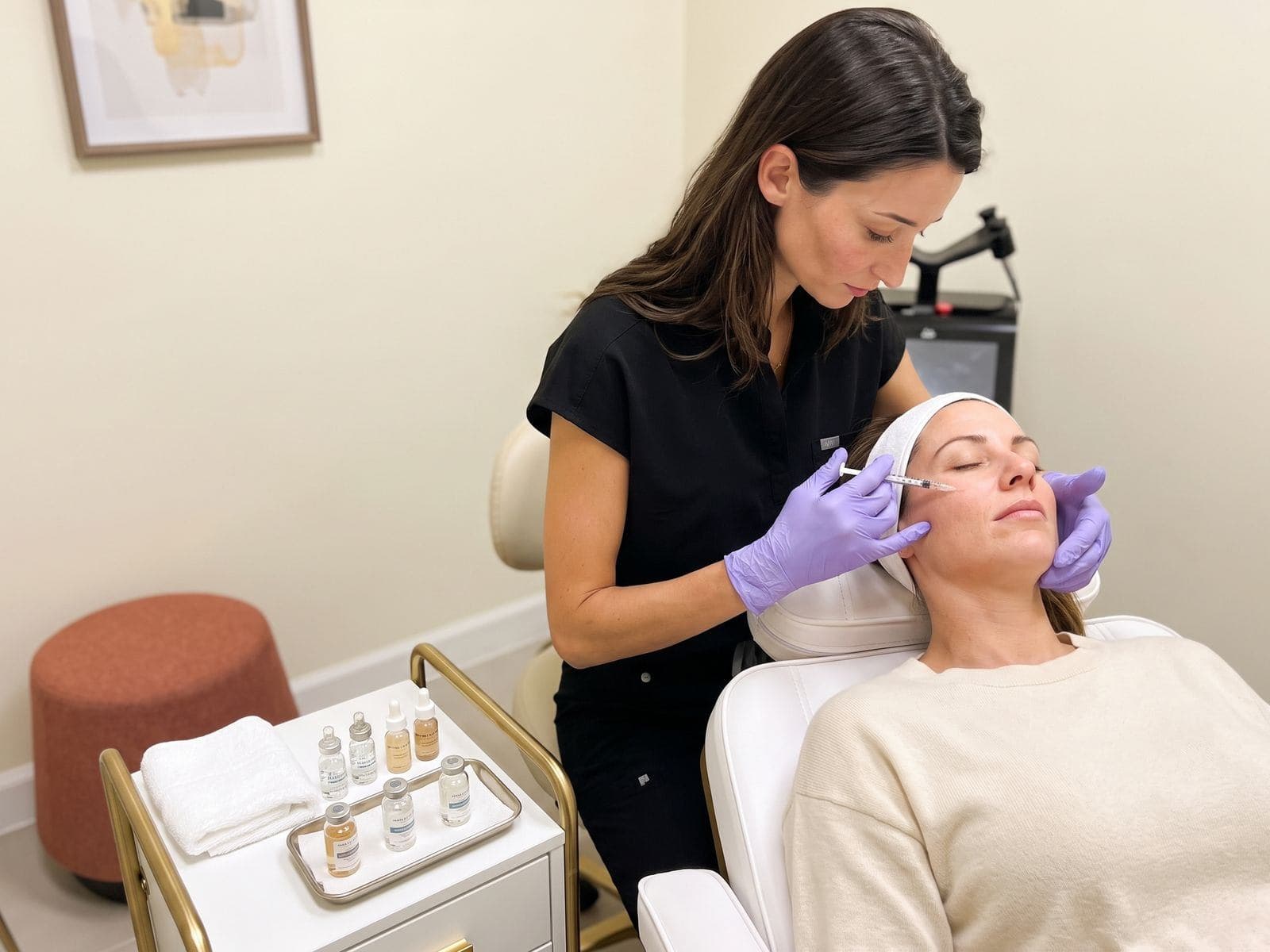 A nurse performing tiny micro-injections during a mesotherapy treatment