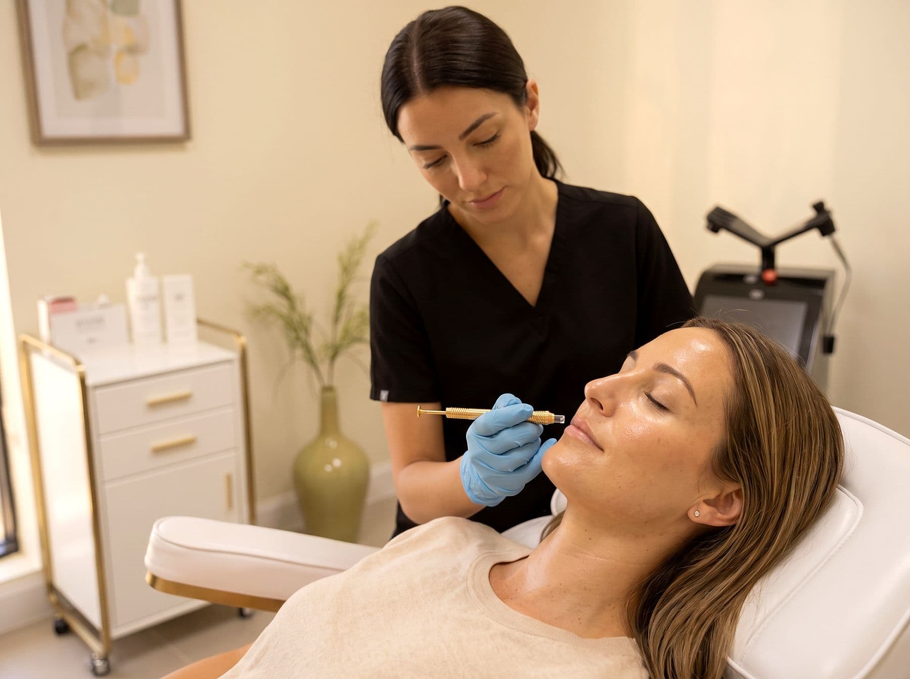 Vials of a customized vitamin and hyaluronic acid mesotherapy blend with fine needles at The Body Bar MD