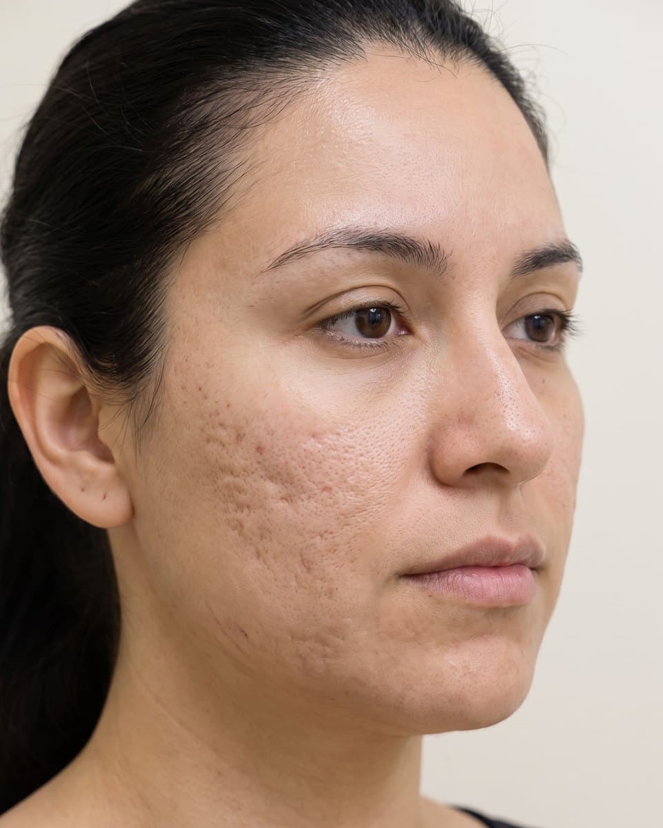 Illustrative example, before: Softened acne scars after a microneedling series
