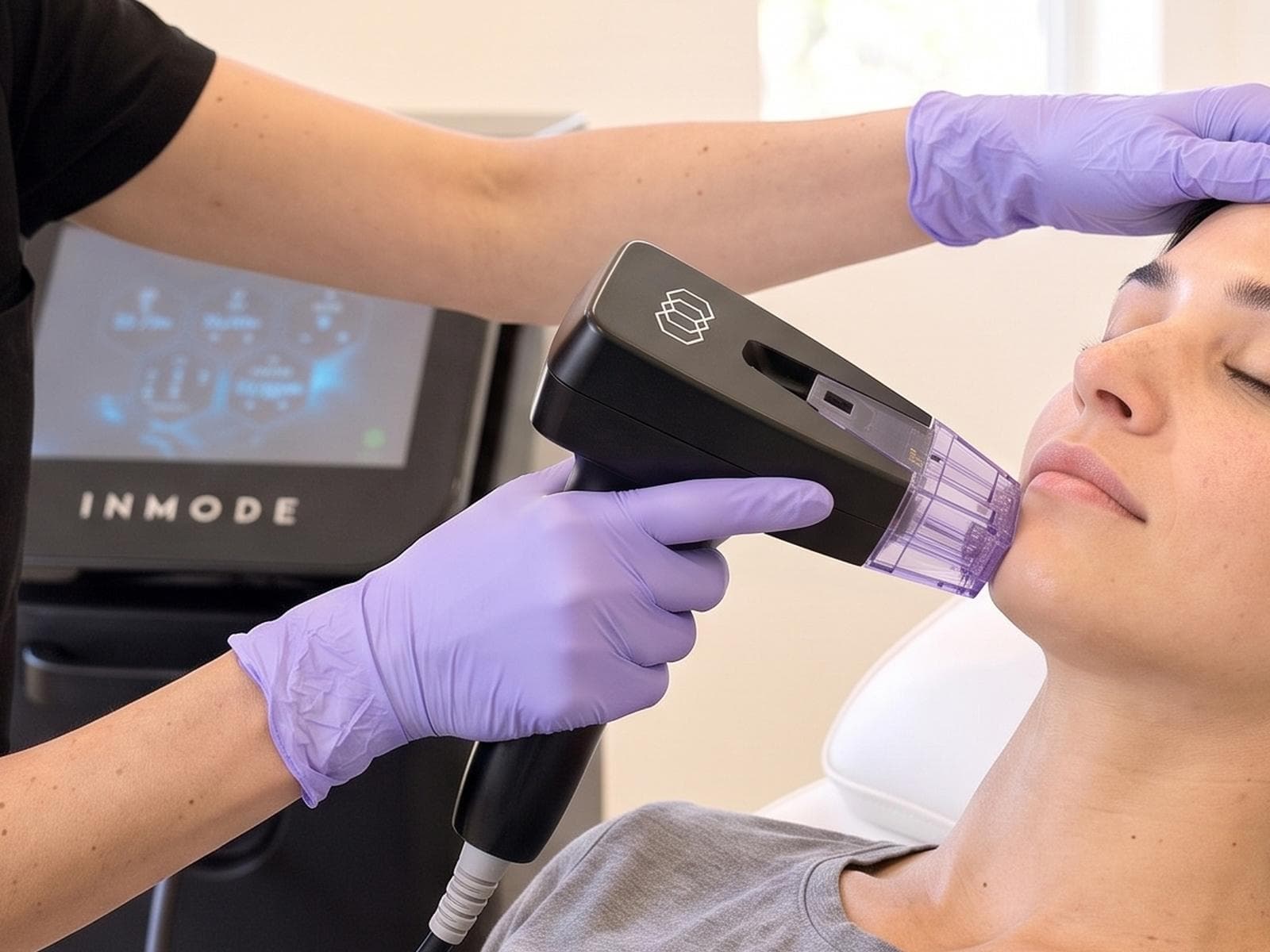 Close view of the Morpheus8 handpiece's gold micro-needle tip held against the skin at the jawline