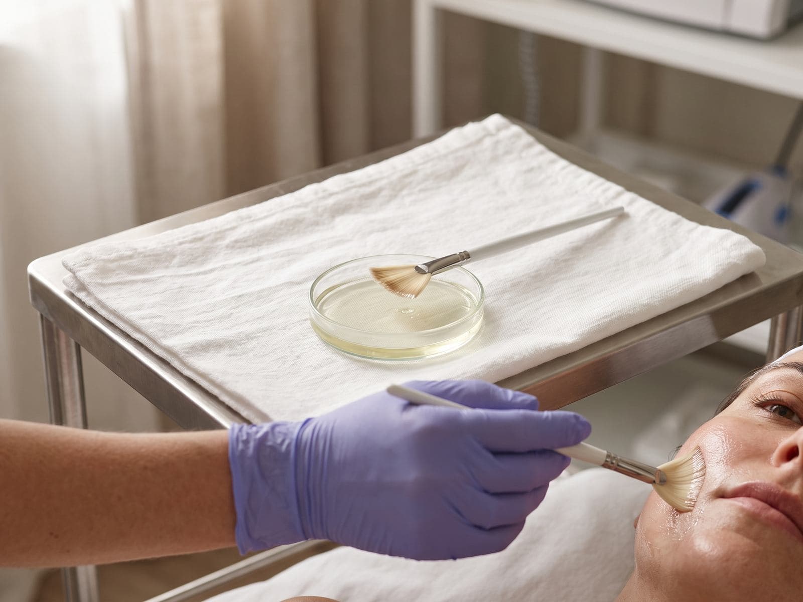 Close view of chemical peel solution in a glass dish beside a soft fan brush