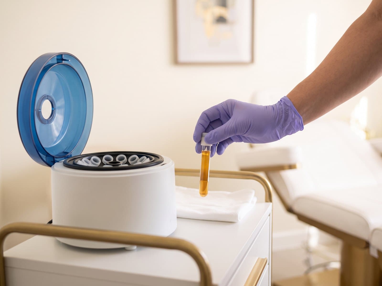 A gloved hand lifting a tube of platelet-rich plasma beside an open countertop centrifuge