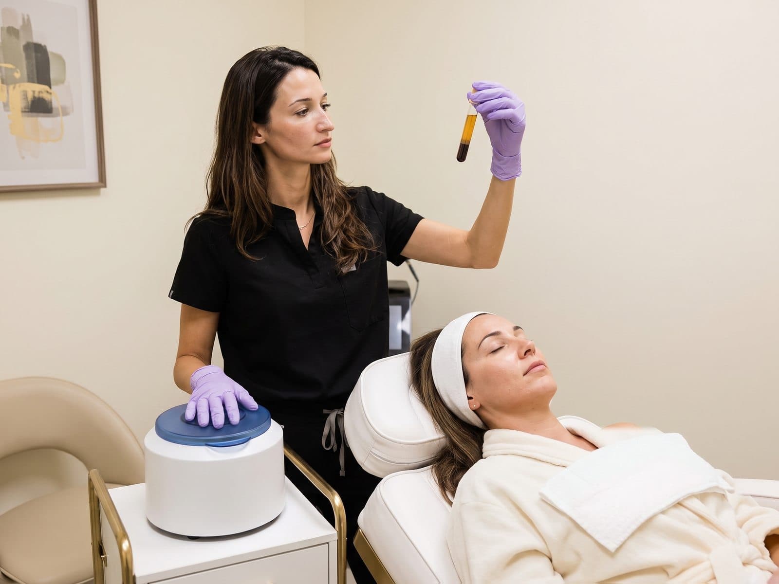 A nurse holding up a tube of platelet-rich plasma beside a patient reclined in a treatment chair