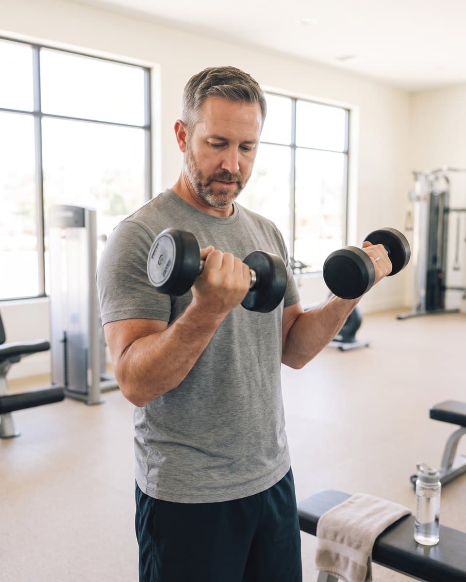 A man performing a dumbbell row in a home gym
