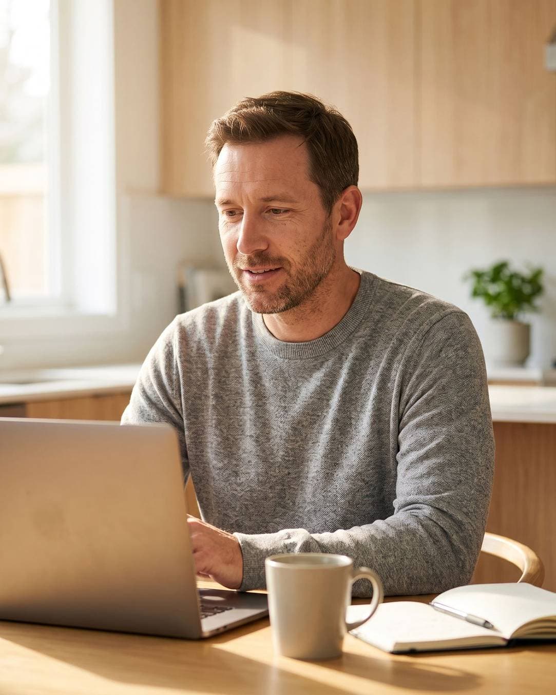 A man at home on a laptop video call during a morning TRT consultation