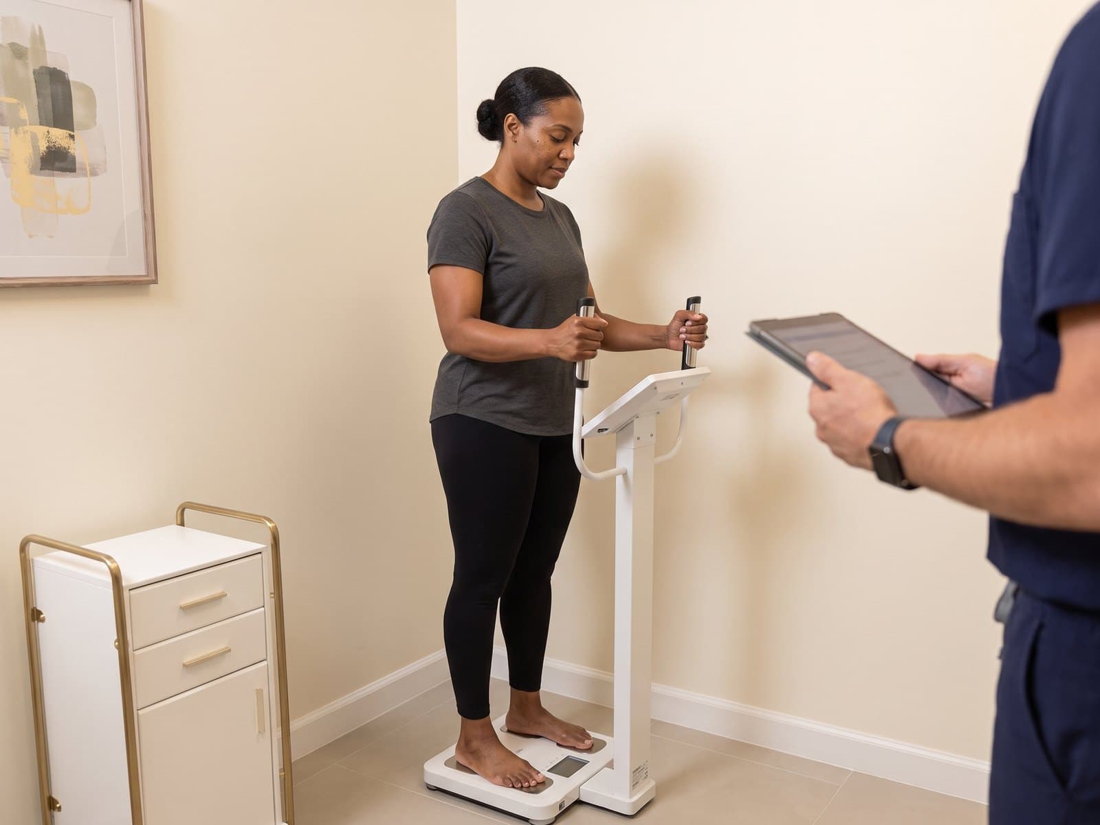 A woman standing on a body composition analyzer during a weight loss evaluation