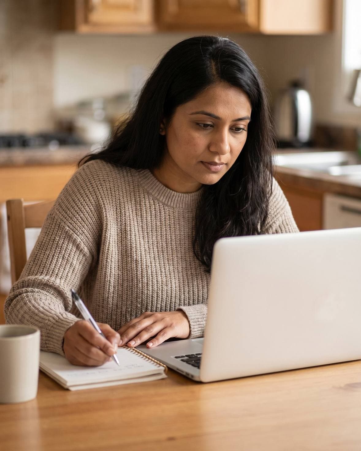 A woman at home on a laptop video call with a notebook during a weight loss consultation