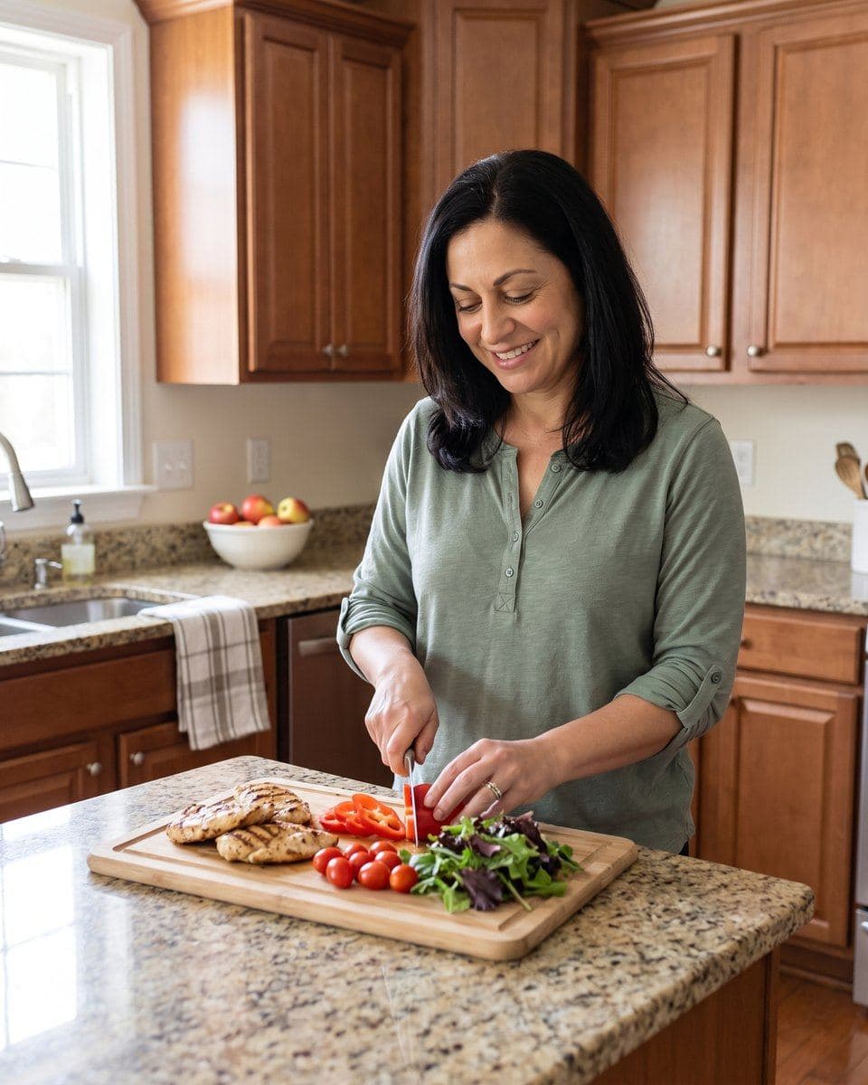 A woman preparing a meal with fresh vegetables in her kitchen