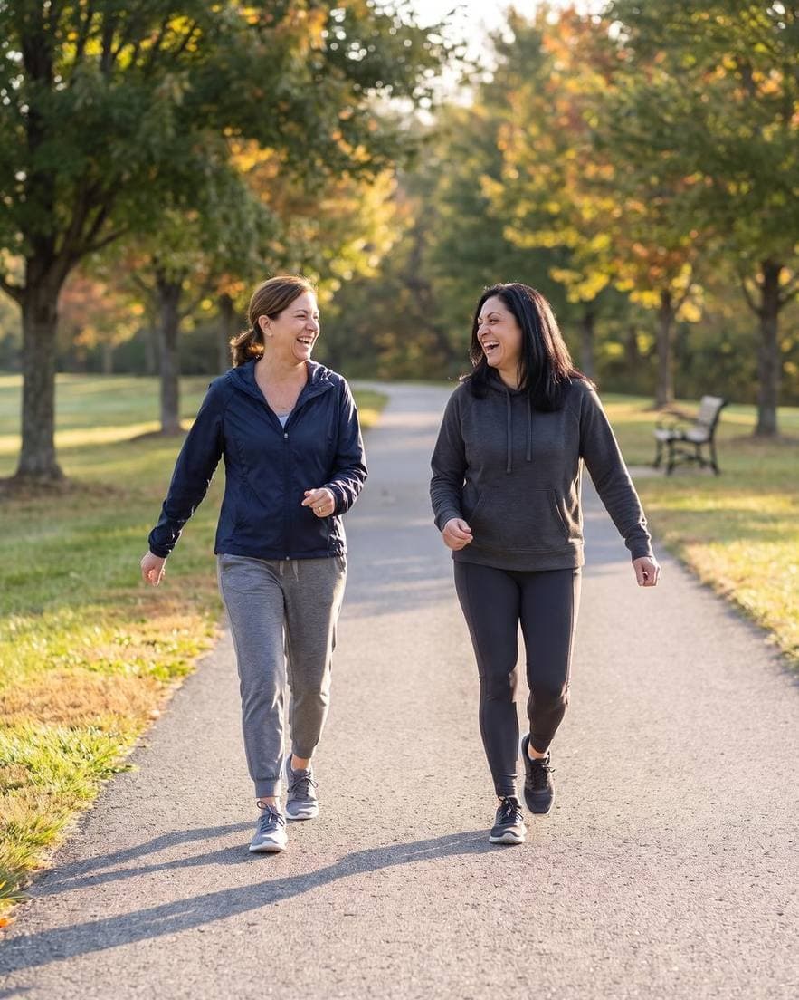 A woman walking outdoors in workout clothes